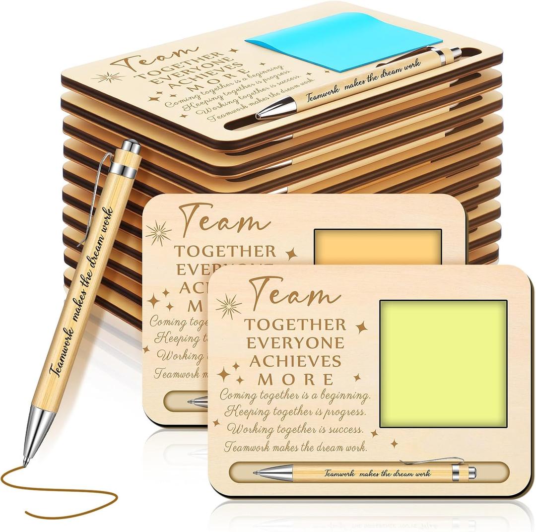 Kosiz 10 Set Employee Team Appreciation Gifts Bulk Team Together Wooden Sticky Note Holder with Notes and Ballpoint Pens Appreciation Thank You Gift for Staff Employee Office Supplies