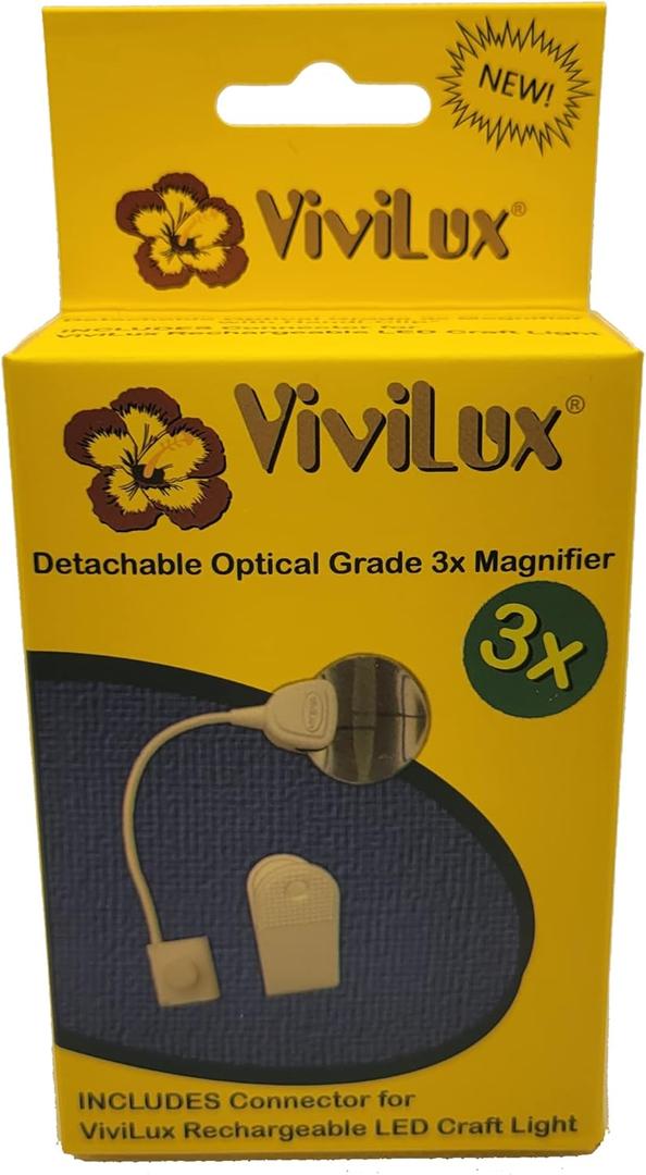 ViviLux Detachable Optical Grade 3X Magnifier with Handi-Clip - Hands Free no-Distortion Magnifying Glass Lens - Desk Gadget Turns Hobby, Puzzle or Sewing Light into Magnifying Light