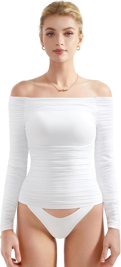 SUUKSESS Women Double Line Mesh Padded Tops Off The Shoulder Long Sleeve Shirts (White, S)