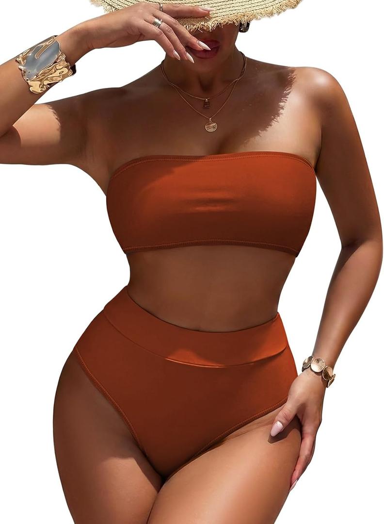 Pink Queen Women's High Waist Bikini Set Removable Strap Bandeau Two Piece Swimsuit Bathing Suit (01 - Burnt Orange)
