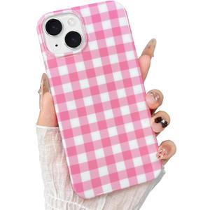 for iPhone 14 Case, Cute Gingham Pattern Aesthetic Phone Case, Stylish Shockproof Soft TPU Phone Cover for Women Girls, Pink