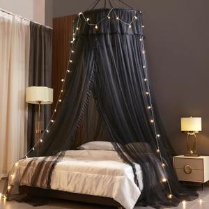 VETHIN Princess Bed Canopy for Girls,Bed Canopy Curtain- Double Layer Sheer Mesh Dome Bed Curtain- Round Lace Princess Mosquito Net Tent (Double Black-2)
