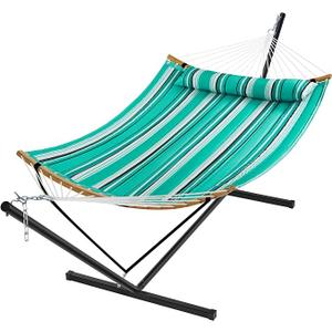 SUPERJARE Hammock with Stand, 2 Person Heavy Duty Hammock with Padded Cotton, Detachable Pillow & Strong Curved-Bar & Portable Carrying Bag, Perfect for Outdoor & Indoor, Mint Green with Stripes