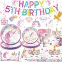 162pcs Unicorn 5th Birthday Decorations for Girl: Unicorn Plates, Napkins, Banner, Hanging Swirls, Tablecloth, Cake Topper - Pink, Purple - Serves 25