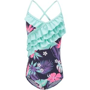 Girls One Piece Swimsuits Hawaiian Ruffle Swimwear Beach Bathing Suit (7-8 Years, Purple)