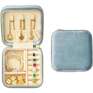TAIMY Plush Velvet Travel Jewelry Box, Small Travel Jewelry Case, Portable Mini Jewelry Travel Organizer Boxes for Rings Earrings Necklaces Bracelets(Light Blue,No Mirror)