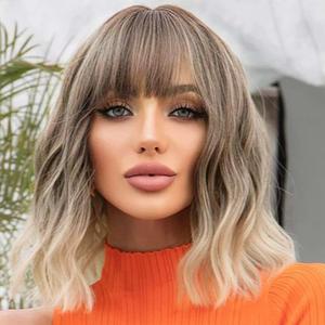 Brown Wig with Bangs Short Wavy Wigs for Women Honey Blonde Curly Shoulder Length Bob Wig Synthetic fiber Wigs for Cosplay Daily Party Use (14 Inch)