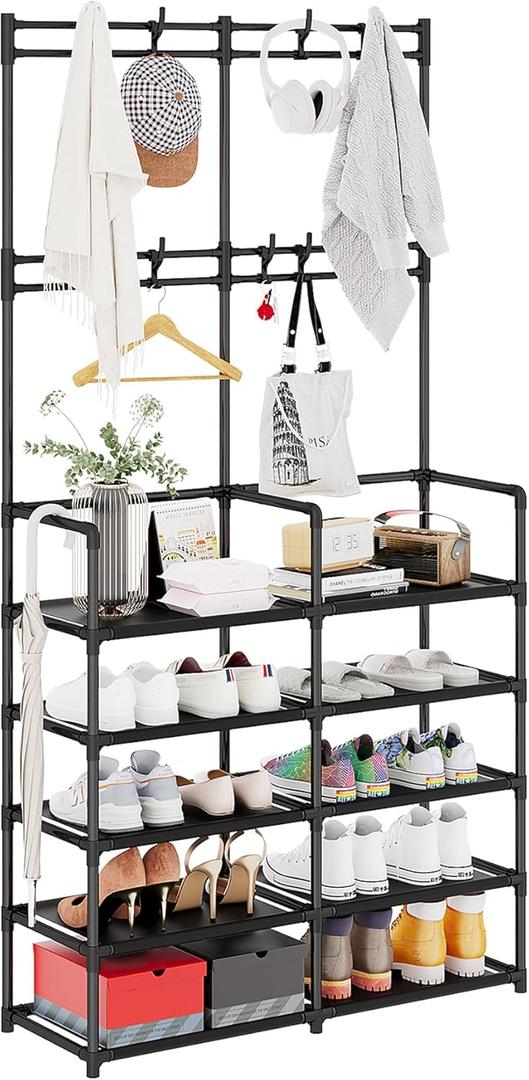 UDEAR 5-Tier Coat and Shoe Rack, Entryway Coat Rack with 8 Hooks, Double Row Shoes Organizer for Living Room, Bedroom, Office, Black
