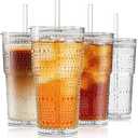 INSETLAN 20oz Hobnail Glass Cups with Lids and Glass Straws  4 Pieces, Thick-Walled Glass Tumblers for Iced Coffee, Smoothies, Milk, Water, Juice, and More  Elegant and Durable Drinking Glasses