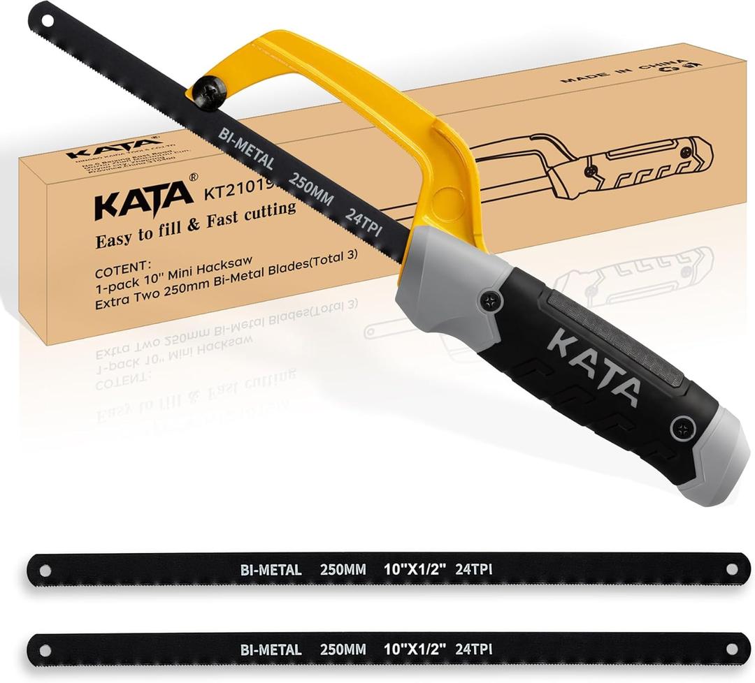 KATA Hacksaw, Compact Hand Operating Hack Saw with 10 Inch Aluminum Frame and 2 Piece Extra Flexible Bi-Metal HSS Blades, Suitable for Wood and Metal (Mini Hacksaw) (Small)