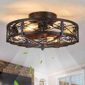 20" Caged Farmhouse Flush Mount Ceiling Fan with Light and Remote Control Bladeless Low Profile Ceiling Fans with Lights Enclosed Vintage Fan 6 Speed Reversible for Kitchen, Bedroom (Black)