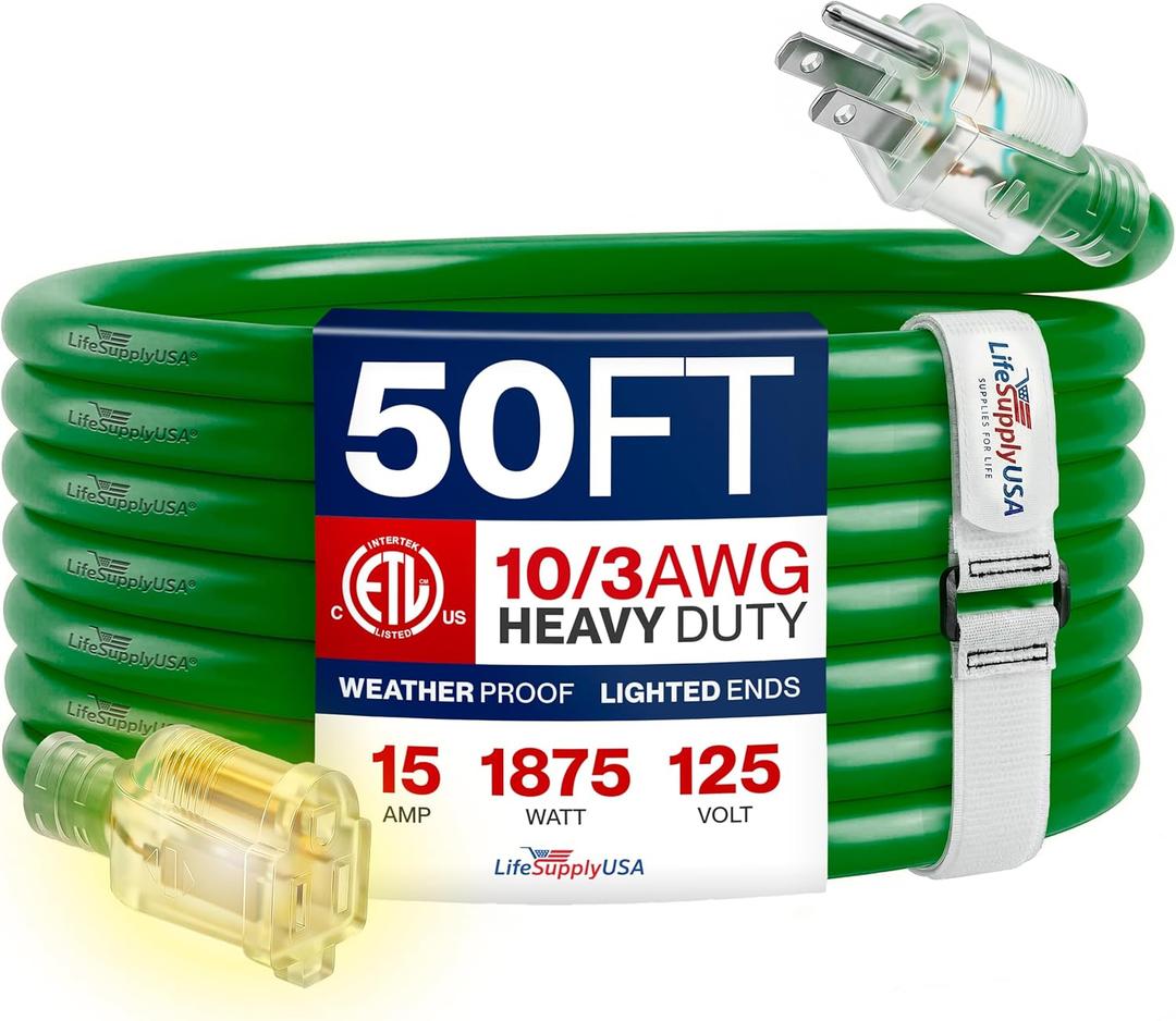 50ft Outdoor/Indoor Extension Cord 10/3 Gauge Ultra Heavy Duty 3 Prong SJTW, Waterproof, ETL Listed, Flexible Cold-Resistant Long Power Cord,15A 125V 1875W, Green by LifeSupplyUSA