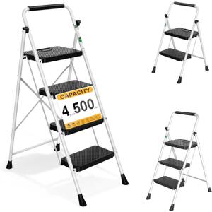 Arbusb Step Ladder, Folding Steel Ladder with Handrail & Wide Pedals