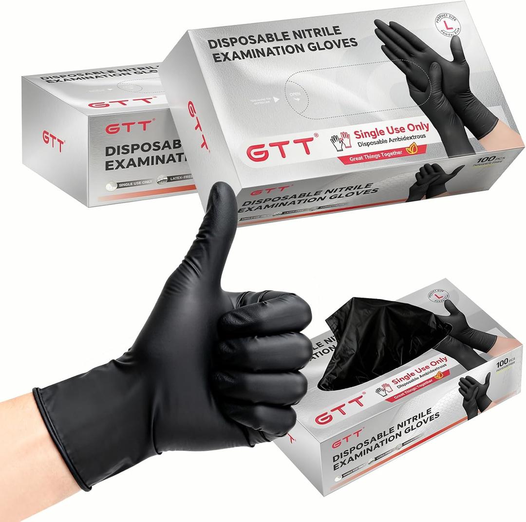 GTT Black Nitrile Exam Gloves 6 Mil, Powder-Free Disposable Gloves, First Aid,Cleaning Food Prep, Tattoo,Cooking,Mechanical
