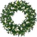 SHACOS Greenery Wreath 15" Artificial Front Door Wreaths Green Wreath with White Flowers for Home Wall Window Farmhouse Decoration 100% Plastic Indoor Outdoor