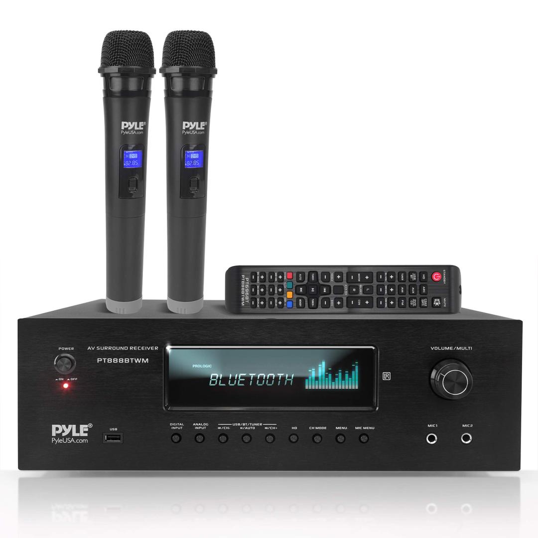 Pyle 1000W 5.2 Channel Home Theater Receiver  Bluetooth 5.0  Amp w/ 2 UHF Wireless Mics  4K UHD/3D/Bluray PassThrough  MP3/USB/HDMI/AM/FM Radio  DSP EQ  Mic Echo & Volume Controls  PT888BTWM