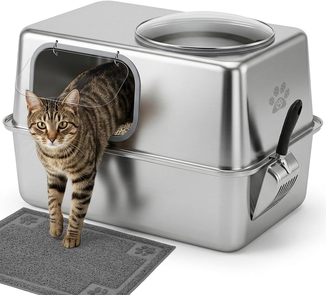 Large Enclosed Stainless Steel Cat Litter Box with Mat & Scoop, Leak-Proof
