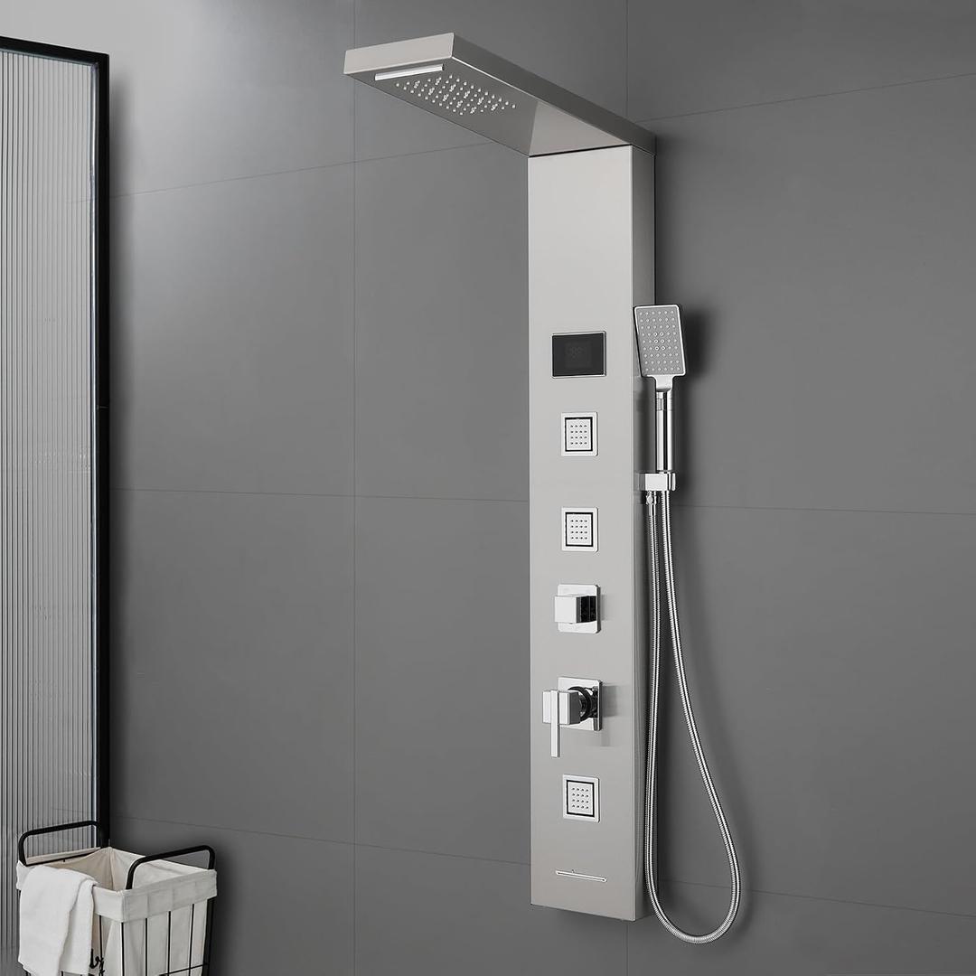 ROVOGO LED Rainfall Waterfall Shower Panel with 3 Body Jets, Handheld and Tub Spout, No Battery Needed Shower Tower with Temp Display, 304 Stainless Steel Brushed