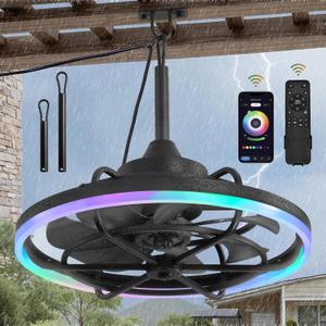 Fanbulous Outdoor RGB Ceiling Fans with Light for Patios, 24" Waterproof Plug in Ceiling Fan, Gazebo Fan Remote&APP Control, 3CCT Dimmable,Caged Ceiling Fan with Hanging Hook for Porch, Pergola