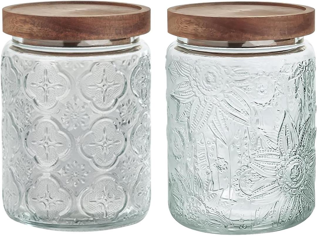 24 OZ/2 PCS Glass Storage Jar with Airtight Bamboo Wooden Lids, Vintage Food Containers Canisters Sets for Kitchen Counter Pantry, Sugar, Flour, Candy, Tea, Coffee Beans, Oats, Grain Bin, Pasta, ((24oz) Sunflower+Begonia)