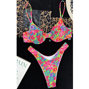 SHENHE Women's Two Piece Allover Print High Cut Underwire Triangle Bikini Swimsuit Orange Blue Multi M