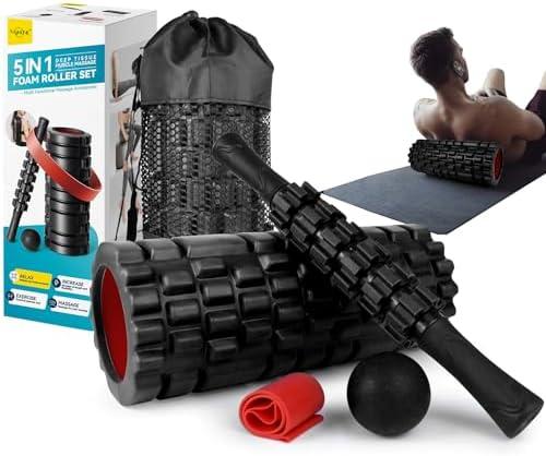 Krightlink 5 in1 Foam Roller Set for Deep Tissue Muscle Massage, High Density Fitness Exercise Foam Roller, Massage Roller, Massage Ball, Resistance Band, for Whole Body (Black)