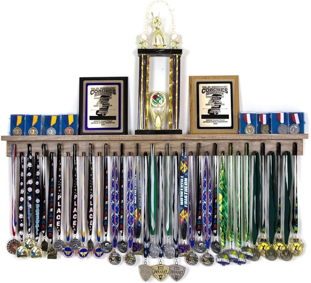4ft- Medal Awards Rack Premier Medal Hanger Display Rack and Trophy Shelf for Gymnastics, Soccer, Basketball, Football, and More. The Largest Medal and Award Display- 48 (Stained Walnut)