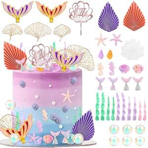 Hooqict 36Pcs Mermaid Cake Topper Under The Sea Cake Decorations Set with Mermaid Tails, Shells, Bubbles Cake Toppers for Girls Women Happy Birthday Party Decorations Supplies