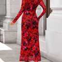 ZESICA Women's Long Sleeve Floral Maxi Dress 2026 Fall Off Shoulder Bodycon Ruched Mesh Cocktail Wedding Guest Dresses (Red, L)