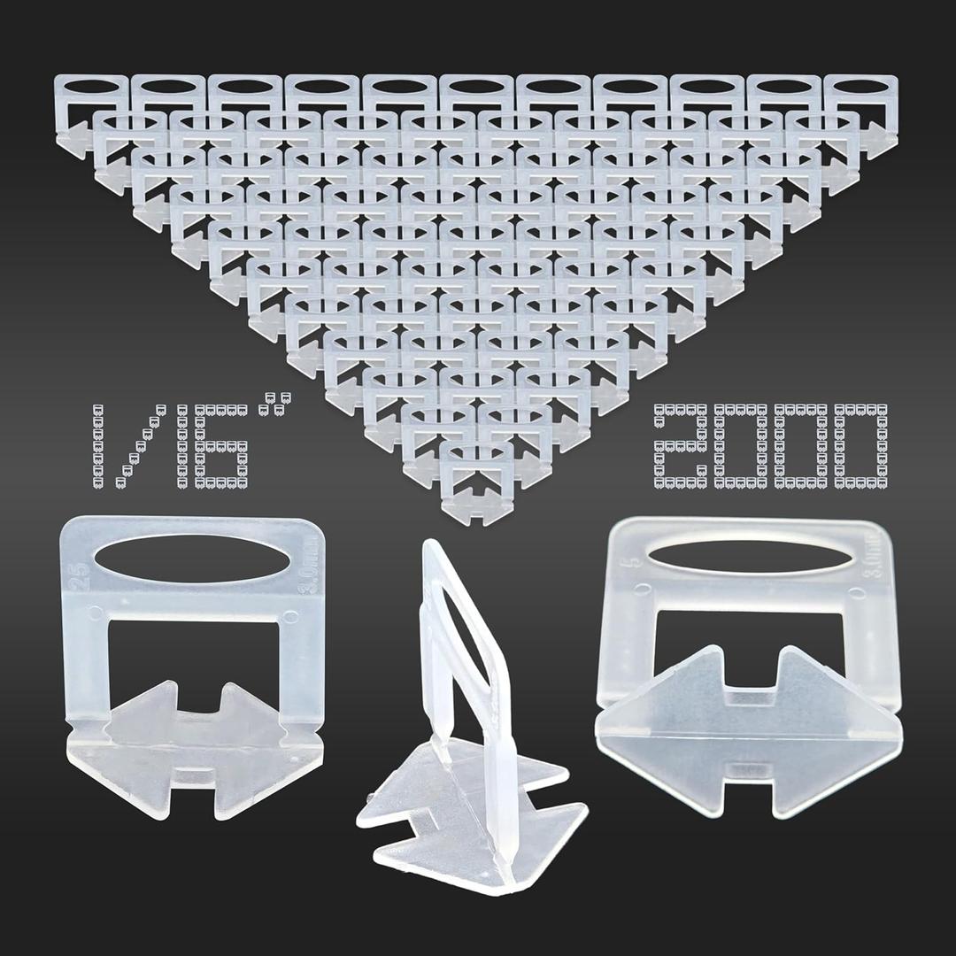 Tile Leveling System 1/16" 2000 Piece 1.5mm Tile Spacers 1/16 Inch Leveling System, Tile Leveling Clips 1/16 Tile Spacers Leveling System for Professional Ceramic Tile