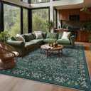 GarveeHome 8x10 Floral Washable Rug, Dark Green Vintage Boho Low Pile Non Slip Area Rug, Soft Botanical Indoor Throw Rug for Living Room, Entryway, Bedroom, Dining Room