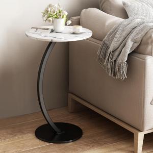 C Shaped Side Table End Table Round Small Side Tables with Metal Frame for Sofa Bed Couch TV Tray Tables for Living Room Bedroom Small Spaces Bedside Accent Nightstand Desk, White and Black