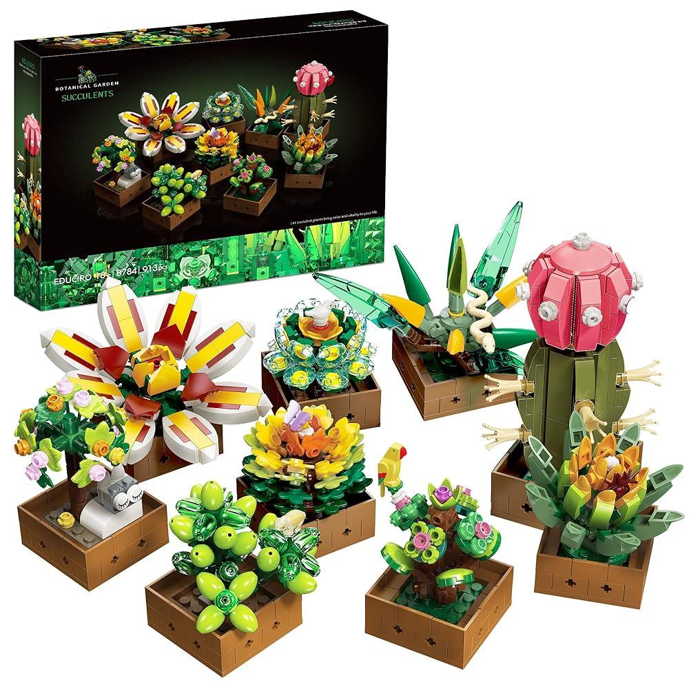Succulent Building Blocks Set, 913 PCS 9 Artificial Flowers for Building, Plant Building Blocks Bonsai Tree Set, Botanical Collection for Adults and Children,14+
