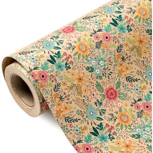 WRAPAHOLIC 30 Inch Kraft Floral Wrapping Paper Roll - 30 Inch x 33 Feet - Spring Summer Garden Flower Design Perfect for Wedding, Bridal Shower, Birthday