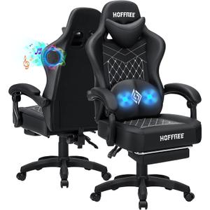 HOFFREE Gaming Chair Computer Chair with Speakers Massage Game Chairs with Footrest Bluetooth High Back Ergonomic Computer Gaming Chairs for Adults Reclining Video Gamer Chair Black