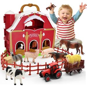 Big Red Barn Toys for Toddlers 1-3, Farm Animal Figures Playset with Tractor for 2 3 4 5 Year Old Kids, Preschool Montessori STEM Learning Toys, Christmas Birthday Easter Gift for Boys Girls