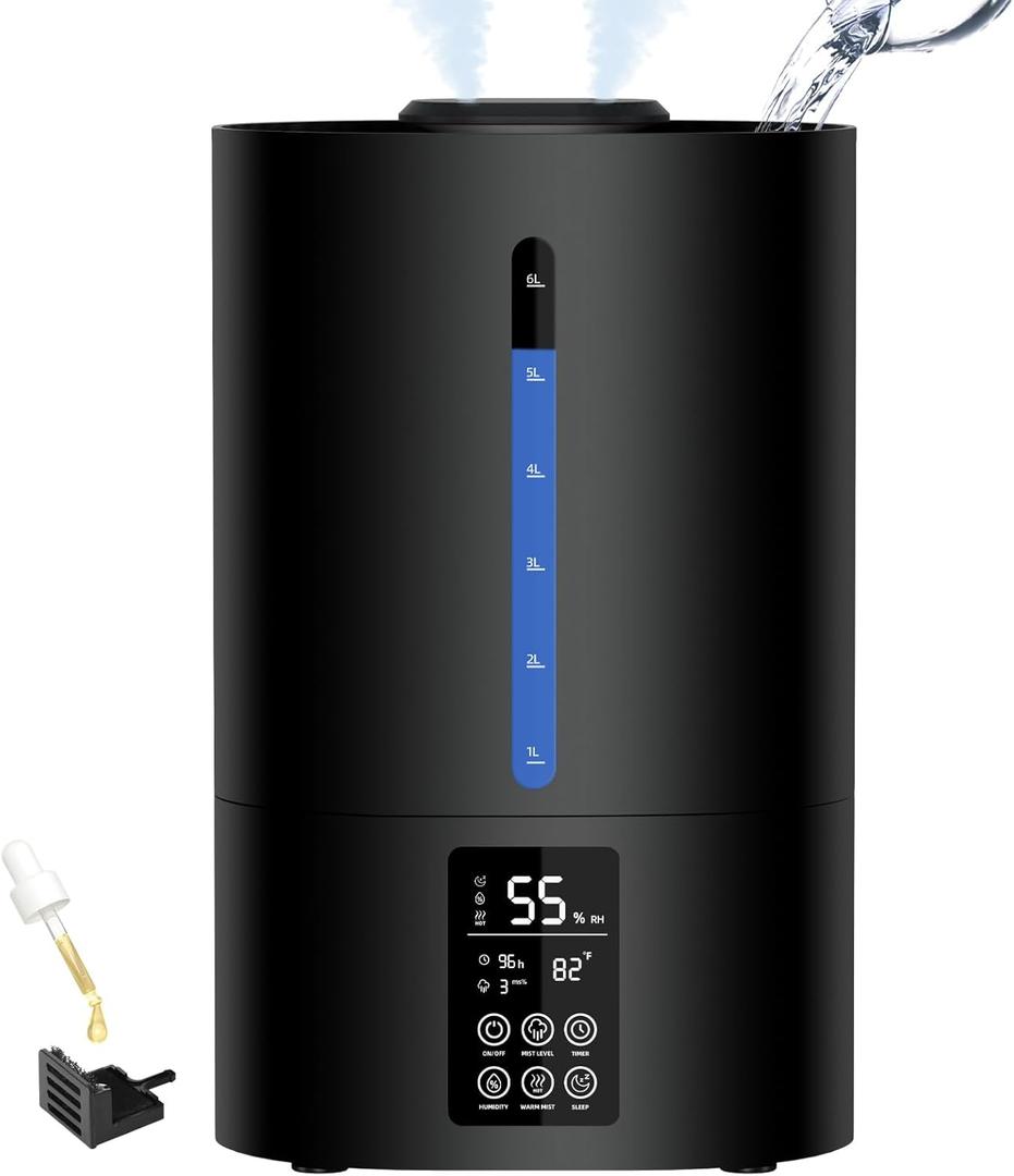 6L Humidifiers for Bedroom Large Room Home, Cool and Warm Humidifier for Plants Mist Top Fill Desk Humidifiers Essential Oil Diffuser, Quiet Humidifier with Adjustable Mist,360Nozzle-Midnight Black