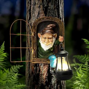 Garden Gnome Decor Outdoor Statue - Gnome With Solar Waterproof Lantern, Whimsical Elf Out The Door Tree Hugger Garden Statues, Home, Fence, Patio, Resin Ornament, Gardening Gift Tree Faces Gnomes