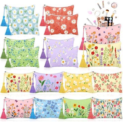 Blosssound 16 Pcs Spring Makeup Bags Bulk Floral Cosmetic Bags with Tassel for Women Daisy Canvas Travel Coin Pouch Valentine Day Easter Birthday Bachlor Wedding Baby Shower Party Return Gift