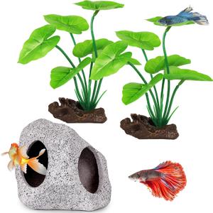 MyLifeUNIT Fish Tank Decor, Silk Aquarium Plants and Hideaway Rock Cave Decor for Betta Fish Tank Accessories, Goldfish, Turtle Tank Decorations