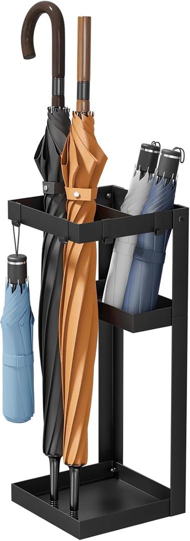 Kawaiita Umbrella Stand, Steel Umbrella Holder Rack with Small Shelf, for Entryway, Office, 4 Hooks, Black
