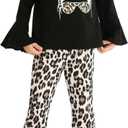 Toddler Girl Clothes Long Flare Sleeve Tops Bell Bottom Pants Baby Girls Clothing Sets Cartoon Graphic Outfit (Black)