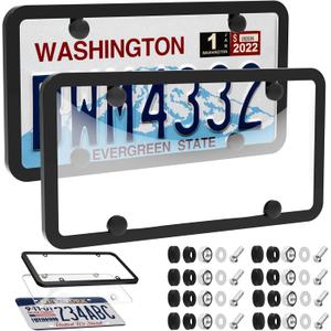 2 Pcs License Plate Frames Covers, License Plate Protector Car License Plates Holder Front Rear Protector with Screw Caps Kit