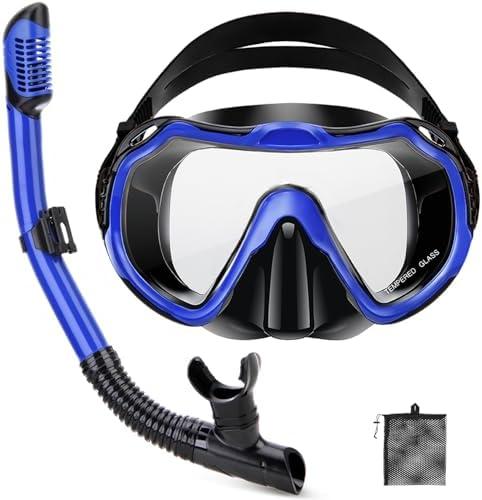 PIYAZI Snorkeling Gear for Adults, Adult Snorkel Set with Panoramic Anti-Leak and Anti-Fog Tempered Glass Snorkel Mask, Dry Top Snorkel, Snorkle Mask Set Adult with Mesh Bag Ear Plug for Snorkeling