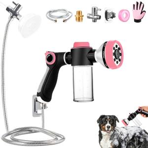 Dog Shower Attachment for Bathroom & Bathtub with 6.6FT Shower Hose, 8 Sprayer Modes Dog Washing Hose Attachment with Pet Grooming Glove Shower Diverter and Holder (PINK-HOSE INCLUDED)