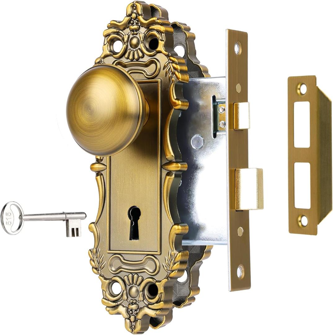 Mortise Lock Set for Interior Door, Antique Brass Door Knob with Lock and Skeleton Key, Antique Old Style Door Knob Lock Replacement, Vintage Mortise Door Knobs for Interior Doors