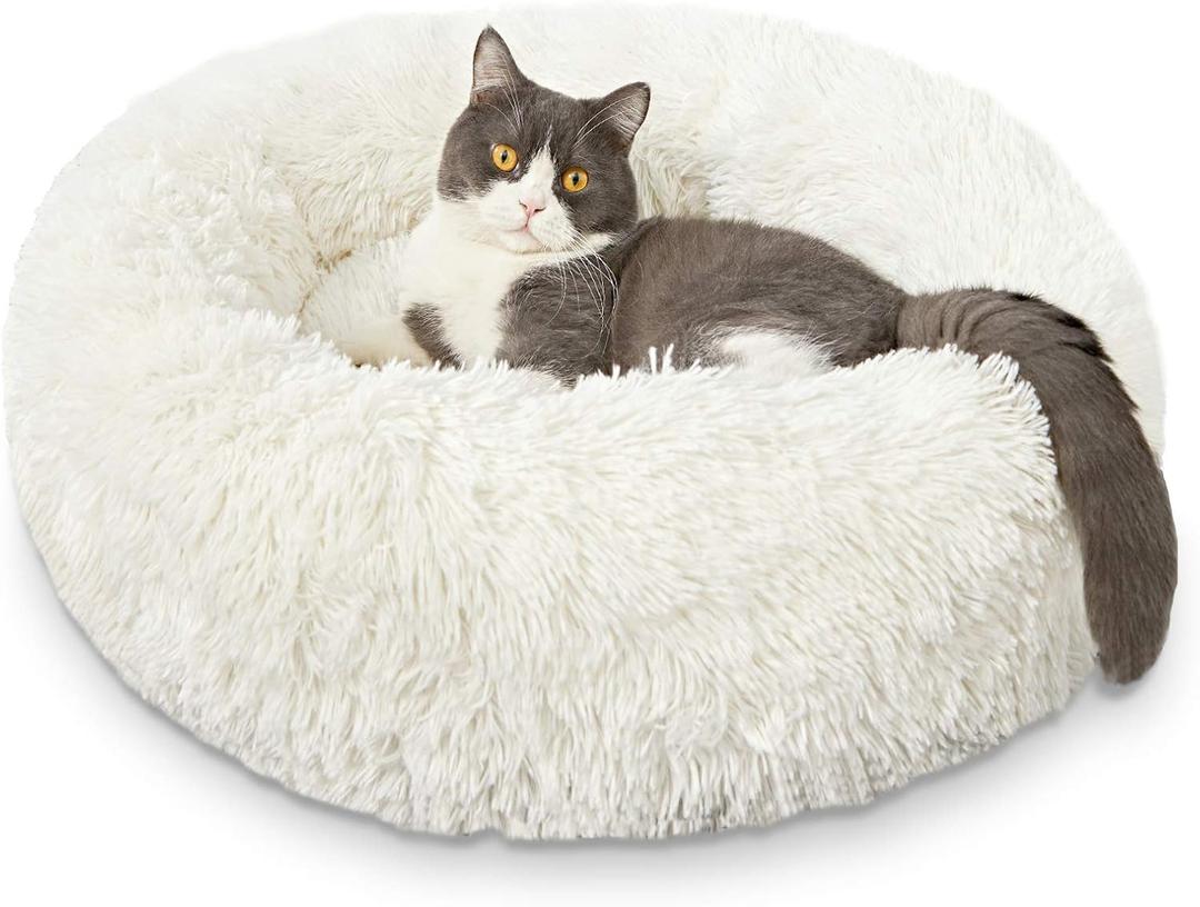 HACHIKITTY Calming Donut Cuddler Dog Bed, Round Fluffy Pet Bed for Small Dogs, Washable, Large, White, 24''