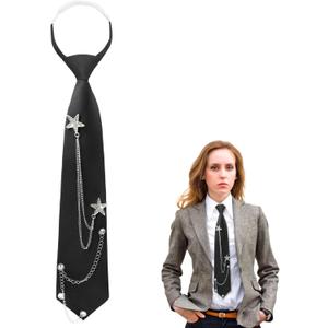 Black Tie for Women Girls Pre-Tied Womens Tie with Metal Chain Accessories Adjustable Necktie for School Shirt
