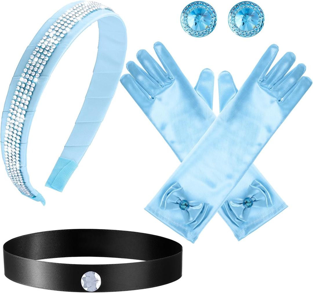 Sureio 4 Pieces Girls Princess Costume Accessories Headband Choker Glove Earrings Princess Dress up Cosplay Accessories (Blue)