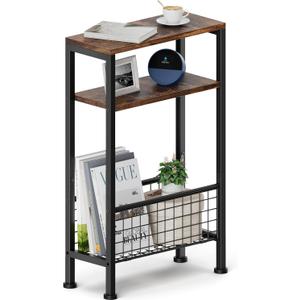 Karii Narrow Side Table, Skinny End Table for Small Spaces with Storage, 3-Tier Slim Wooden Bedside Nightstand Thin Couch Table for Living Room Bedroom Office Dorm Kitchen Bathroom (1, Rustic Brown)